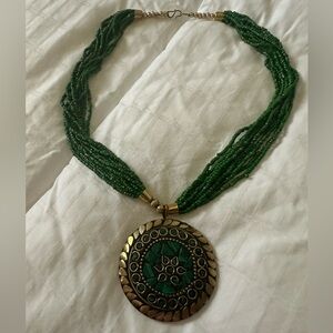 Green Beaded Necklace with Gold Accents